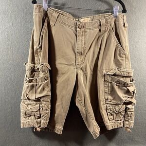 y2k‎ baggy wide leg Dungarees Cargo Shorts Heavyweight Cotton Brown 34 utility